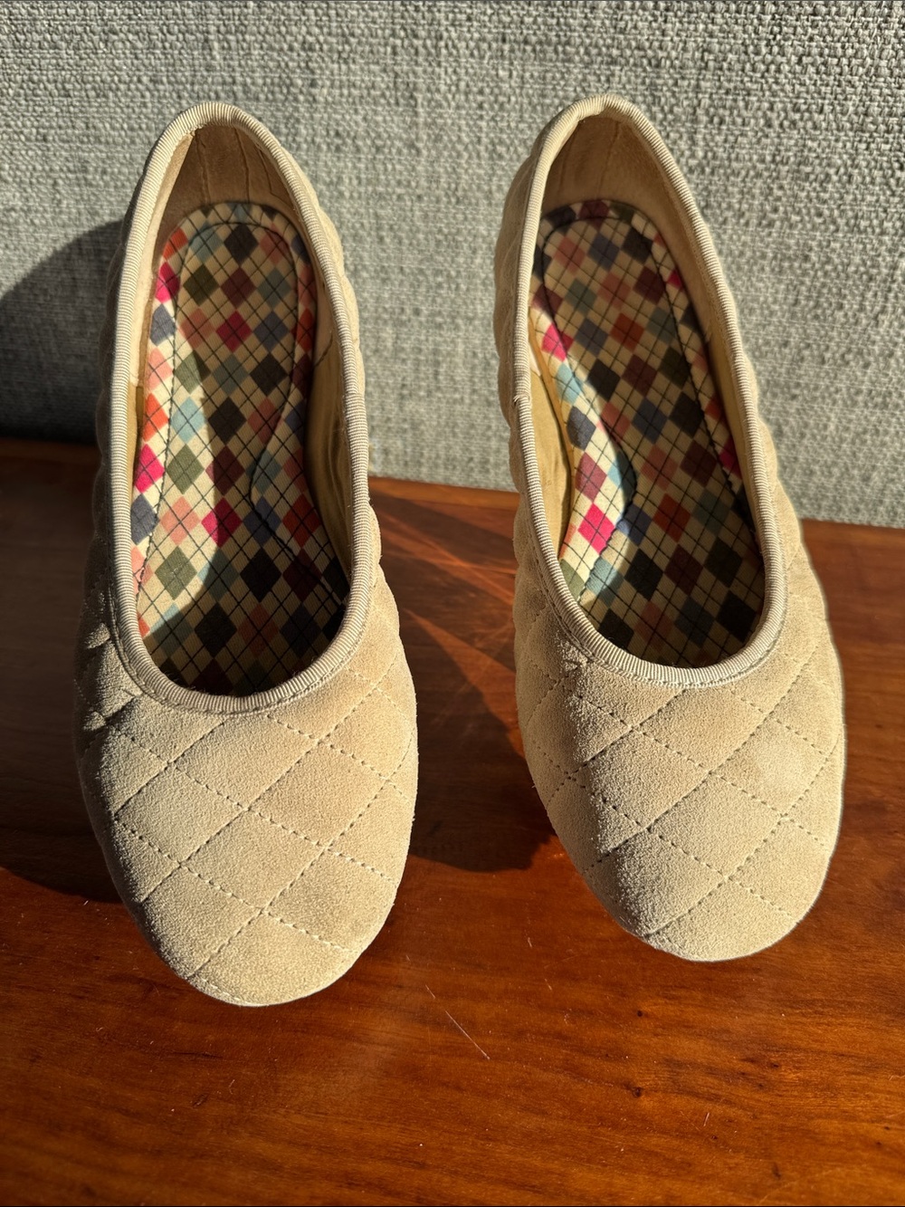 Lands' End Quilted Tan Suede Slip-On Ballet Flats Argyle Lining Size 8M
